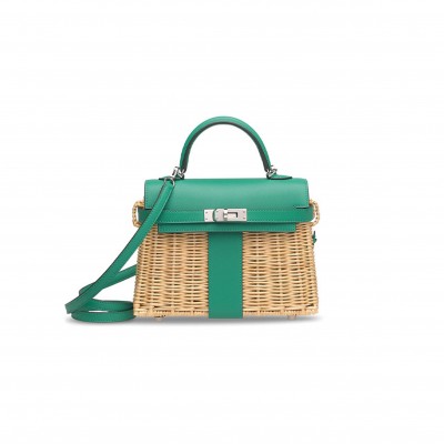 HERMÈS MASTER VERT VÉRONE SWIFT LEATHER & OSIER MINI PICNIC KELLY 20 WITH PALLADIUM HARDWARE (20*14*8cm) 